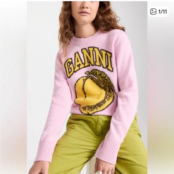 Ganni Pink and Yellow Graphic Crew Neck wool Sweater - Picture 1 of 8